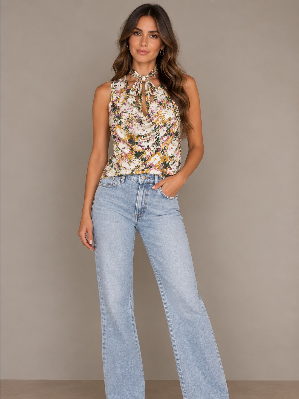 Entro Floral Cowl Neck Tie Blouse NWT